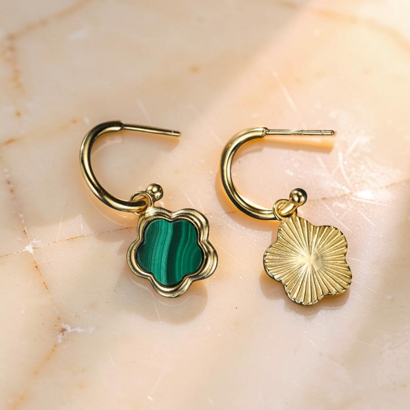 ATELIER-TIBET – Boucles d'Oreilles Malachite – Étoile Fleur, Argent Plaqué Or