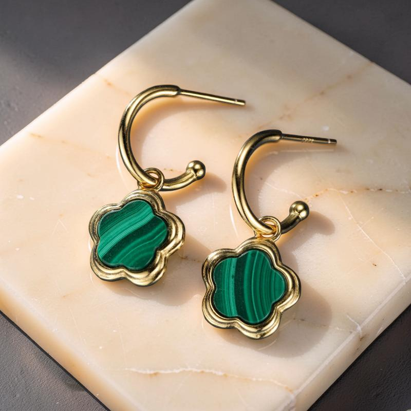 ATELIER-TIBET – Boucles d'Oreilles Malachite – Étoile Fleur, Argent Plaqué Or
