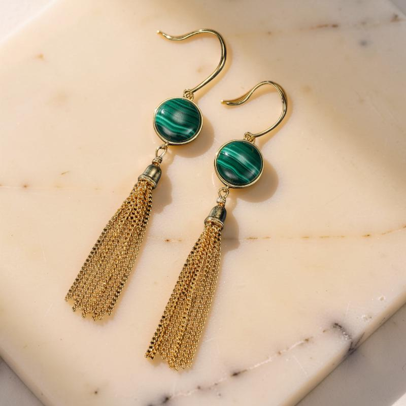 ATELIER-TIBET – Boucles d'Oreilles Malachite – Glamour, Argent Plaqué Or