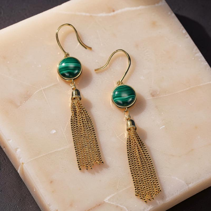 ATELIER-TIBET – Boucles d'Oreilles Malachite – Glamour, Argent Plaqué Or