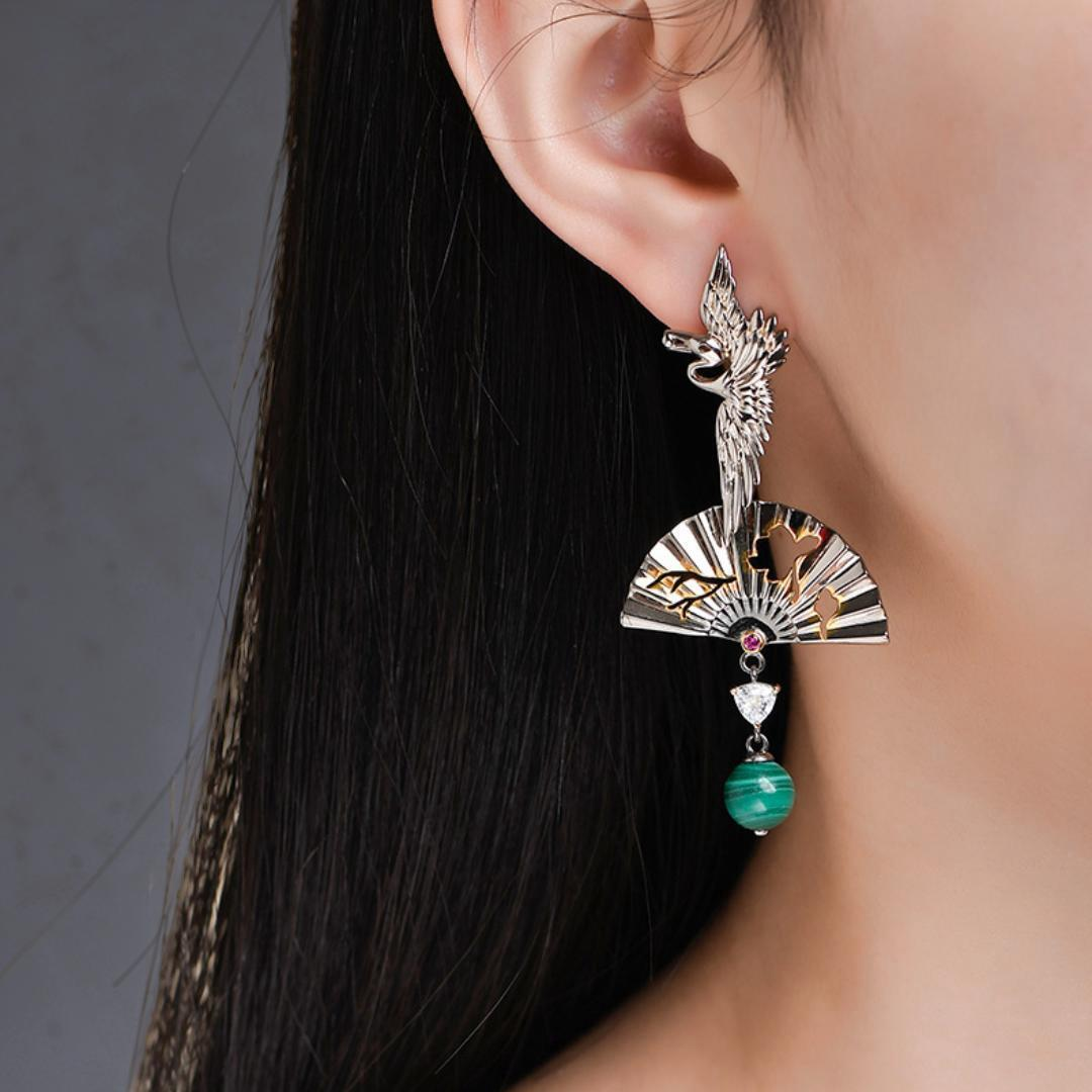 ATELIER-TIBET – Boucles d'Oreilles Malachite – Grue de Chance, Argent 925
