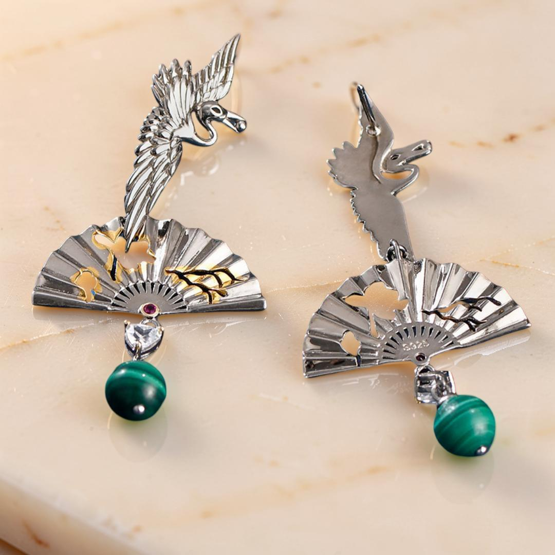 ATELIER-TIBET – Boucles d'Oreilles Malachite – Grue de Chance, Argent 925
