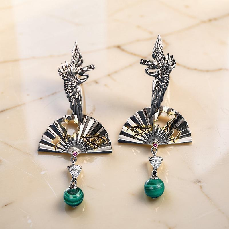ATELIER-TIBET – Boucles d'Oreilles Malachite – Grue de Chance, Argent 925