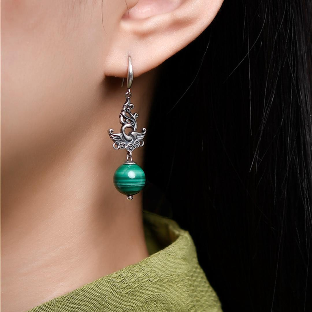 ATELIER-TIBET – Boucles d'Oreilles Malachite – Phénix de Renaissance, Argent 925