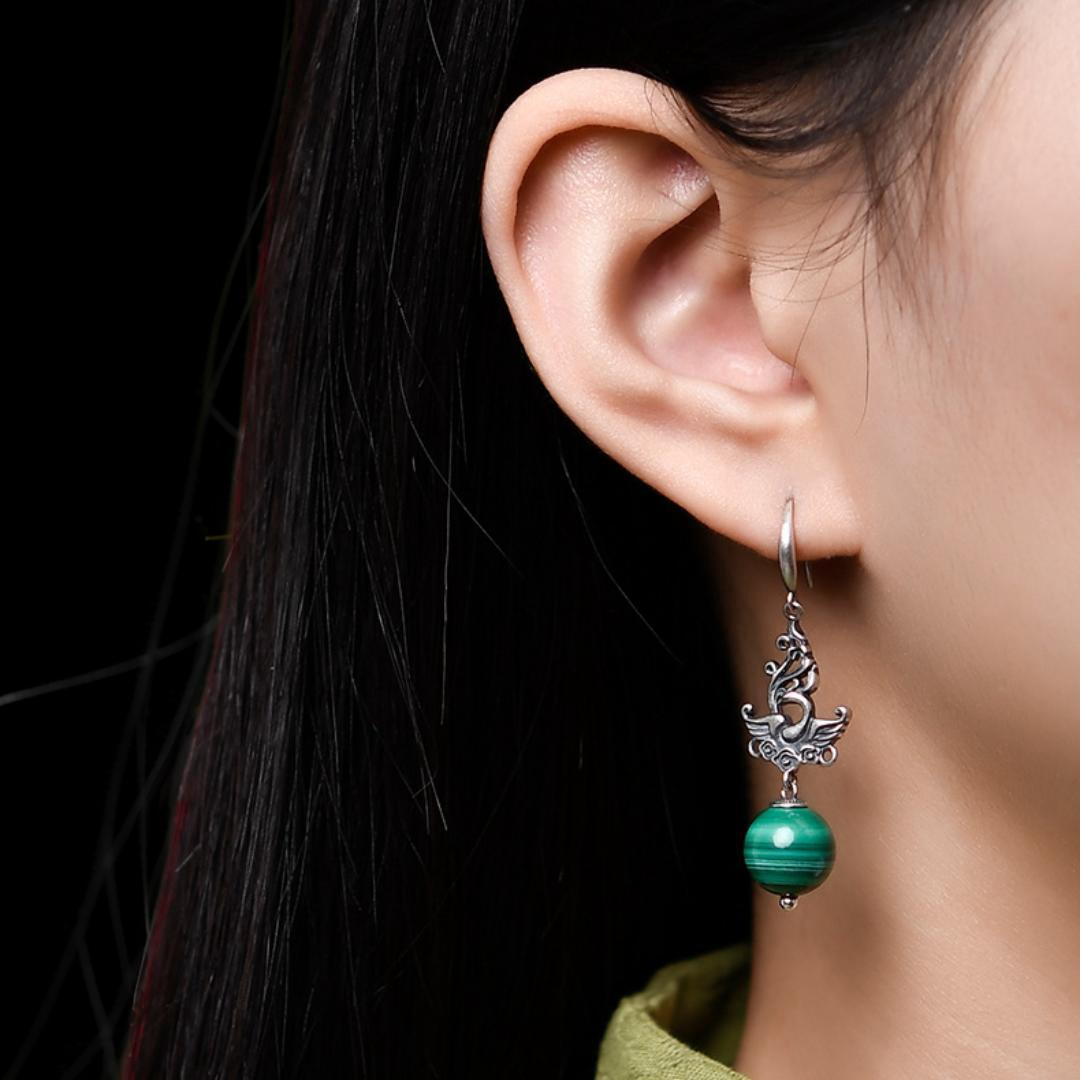 ATELIER-TIBET – Boucles d'Oreilles Malachite – Phénix de Renaissance, Argent 925