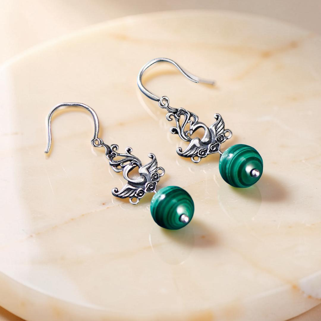 ATELIER-TIBET – Boucles d'Oreilles Malachite – Phénix de Renaissance, Argent 925