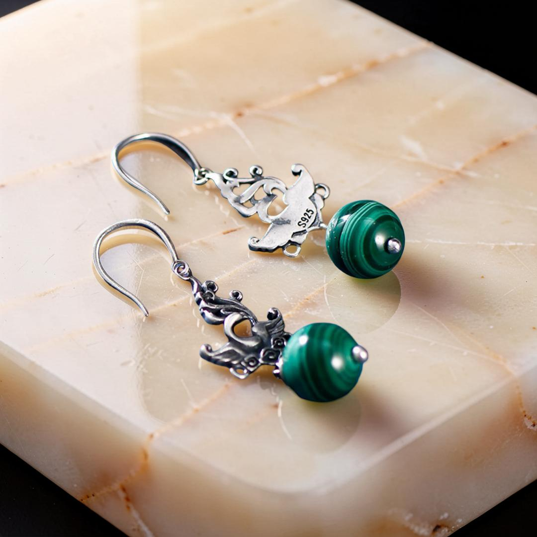 ATELIER-TIBET – Boucles d'Oreilles Malachite – Phénix de Renaissance, Argent 925