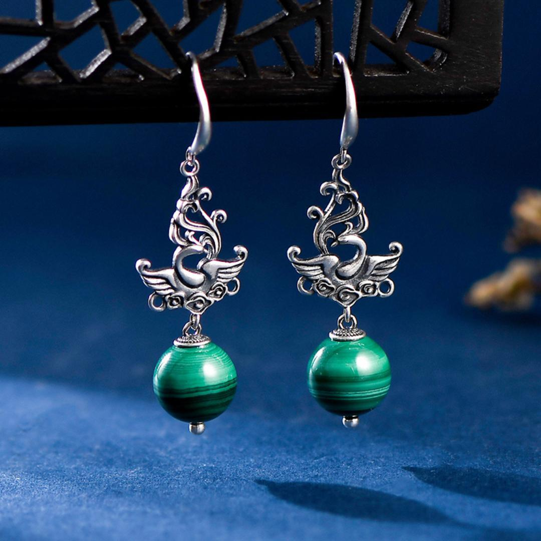 ATELIER-TIBET – Boucles d'Oreilles Malachite – Phénix de Renaissance, Argent 925