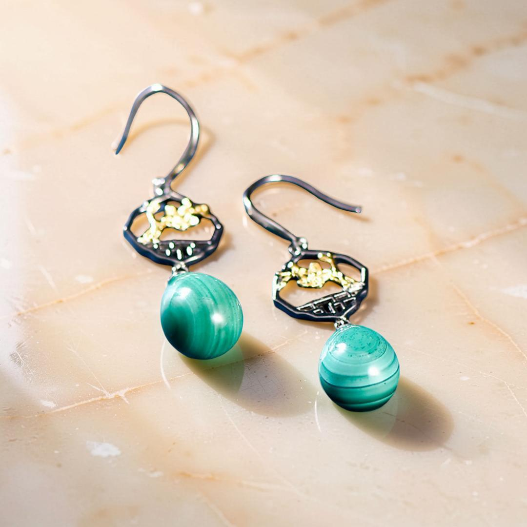 ATELIER-TIBET – Boucles d'Oreilles Malachite – Sakura, Argent 925