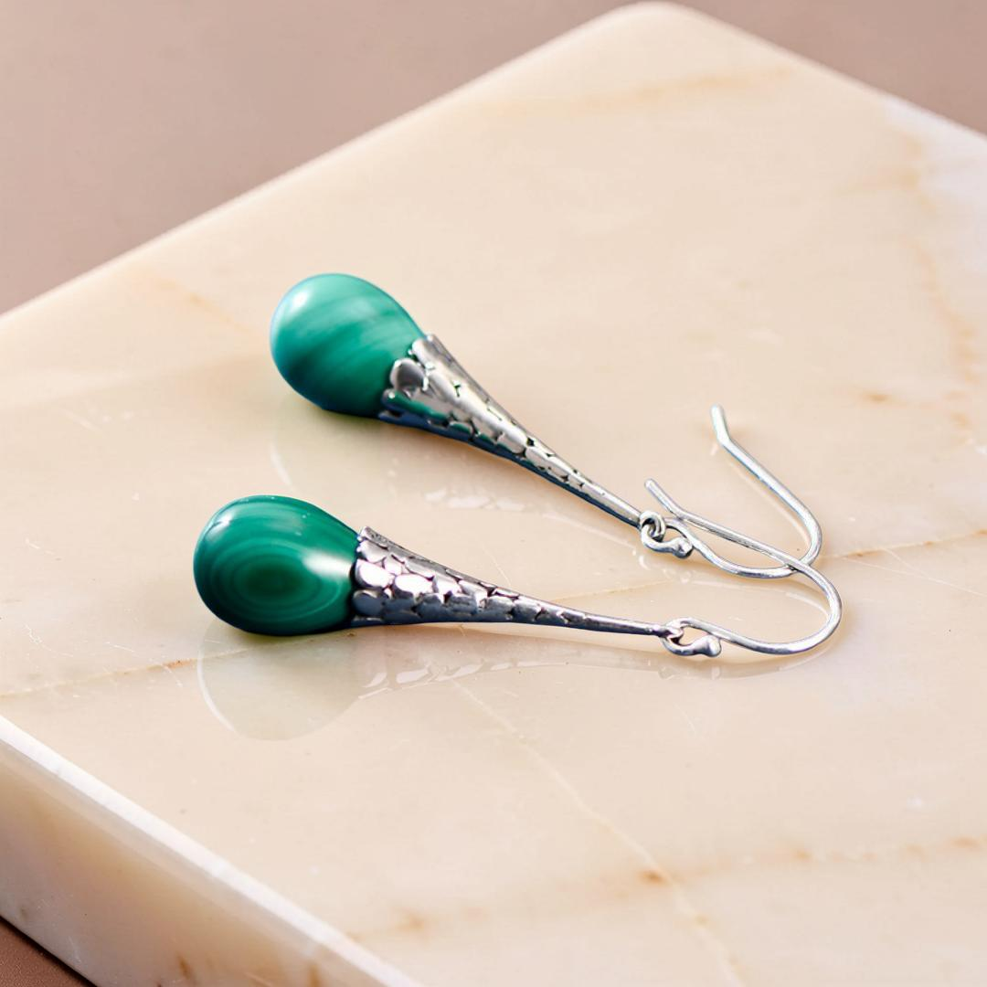 ATELIER-TIBET – Boucles d'Oreilles Malachite – Transformation, Argent 925