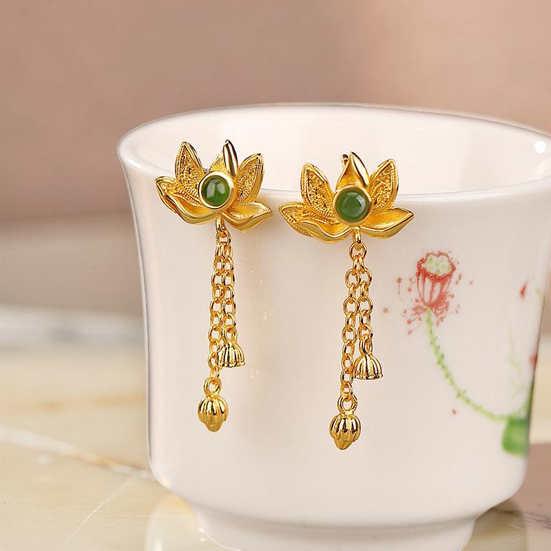 ATELIER-TIBET – Boucles d'Oreilles Pendantes en Jade – Douceur, Argent Plaqué Or