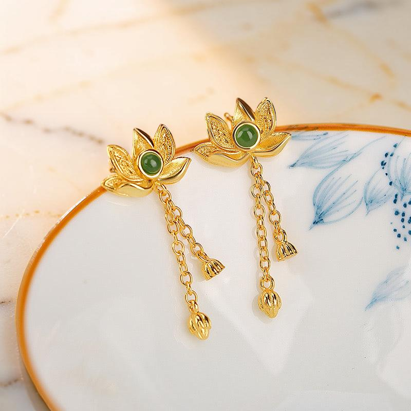 ATELIER-TIBET – Boucles d'Oreilles Pendantes en Jade – Douceur, Argent Plaqué Or