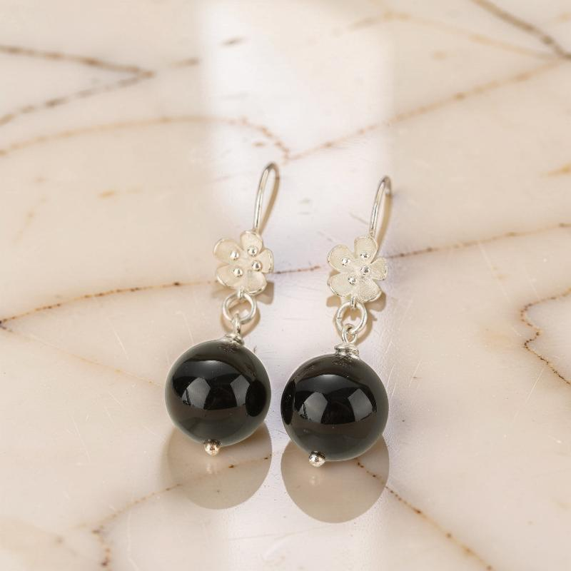 ATELIER-TIBET – Boucles d'Oreilles Pendantes Obsidienne – Floraison Mystique, Argent