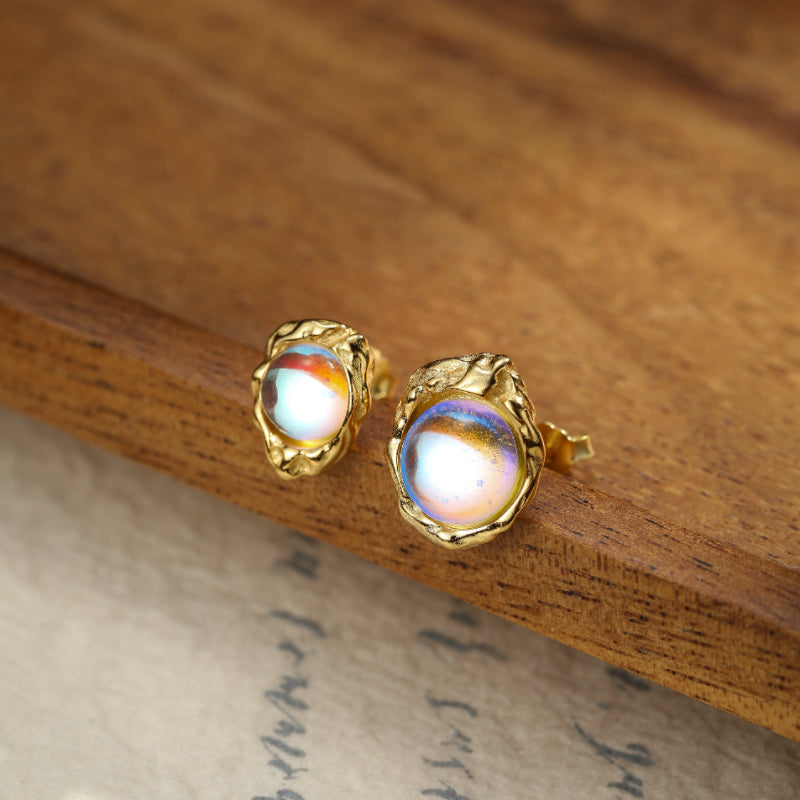 ATELIER-TIBET – Boucles d'Oreilles Pierre de Lune – Mystère Astral, Argent Plaqué Or