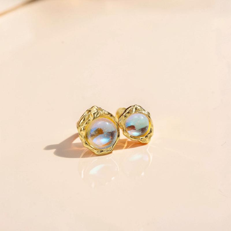 ATELIER-TIBET – Boucles d'Oreilles Pierre de Lune – Mystère Astral, Argent Plaqué Or