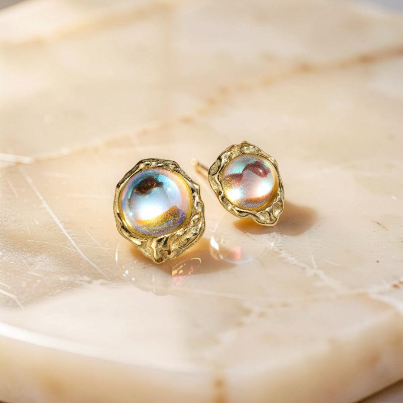 ATELIER-TIBET – Boucles d'Oreilles Pierre de Lune – Mystère Astral, Argent Plaqué Or