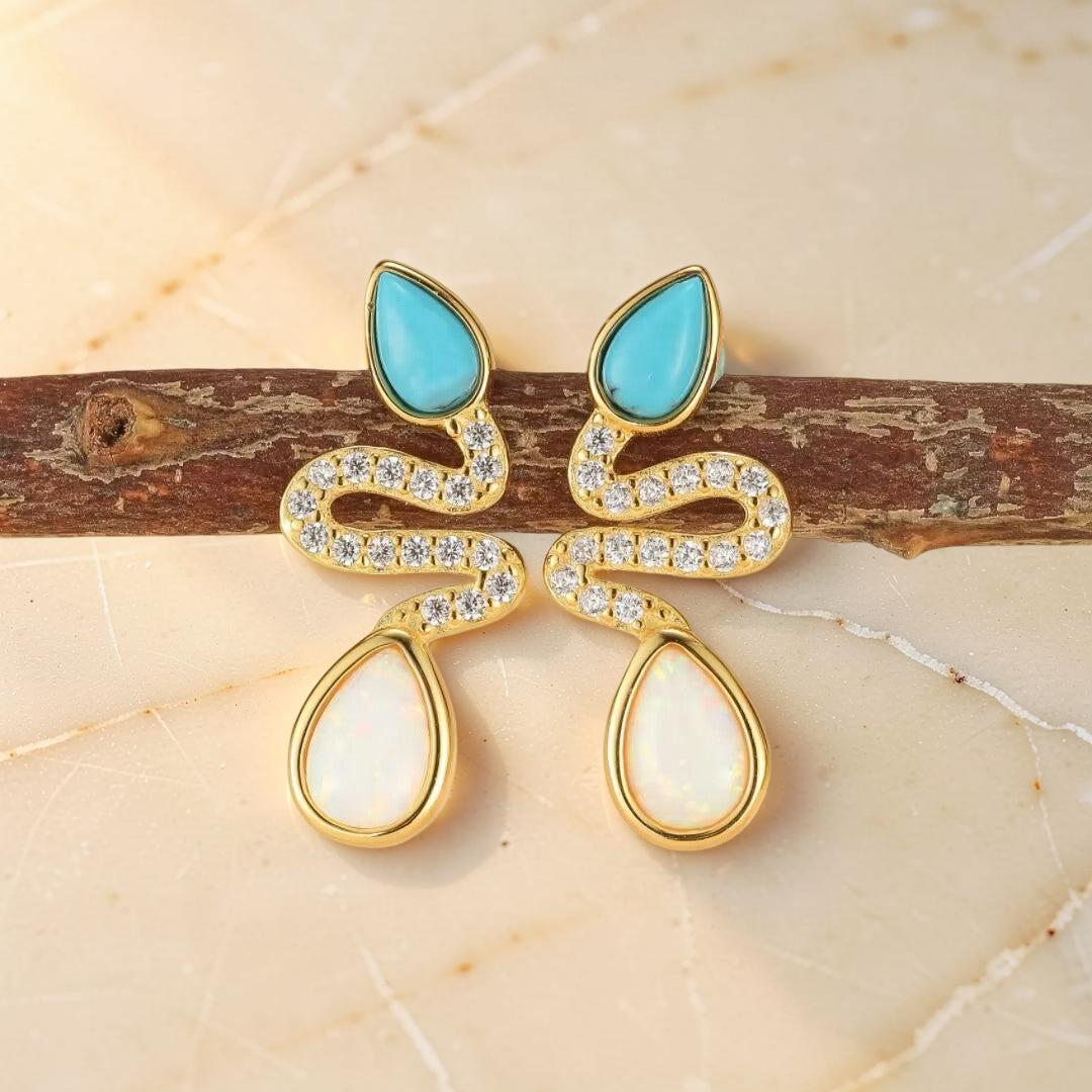 ATELIER-TIBET – Boucles d'Oreilles Serpent Opale et Turquoise– Larmes de Lagon, Argent 925