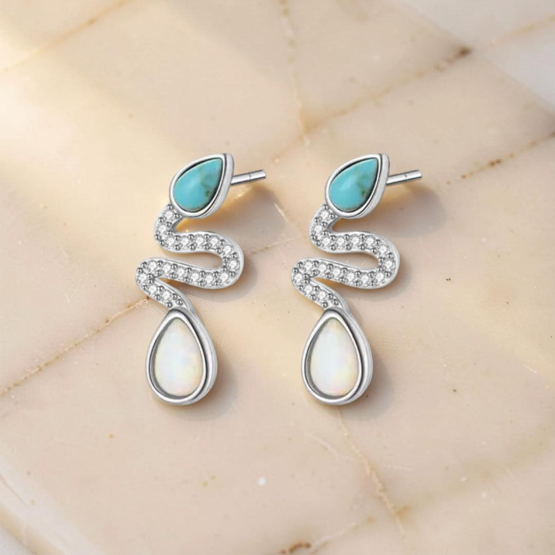 ATELIER-TIBET – Boucles d'Oreilles Serpent Opale et Turquoise– Larmes de Lagon, Argent 925