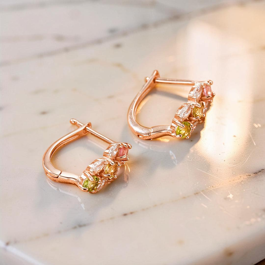 ATELIER-TIBET – Boucles d'Oreilles Tourmaline – Rayonnement Floral, Argent Plaqué Or