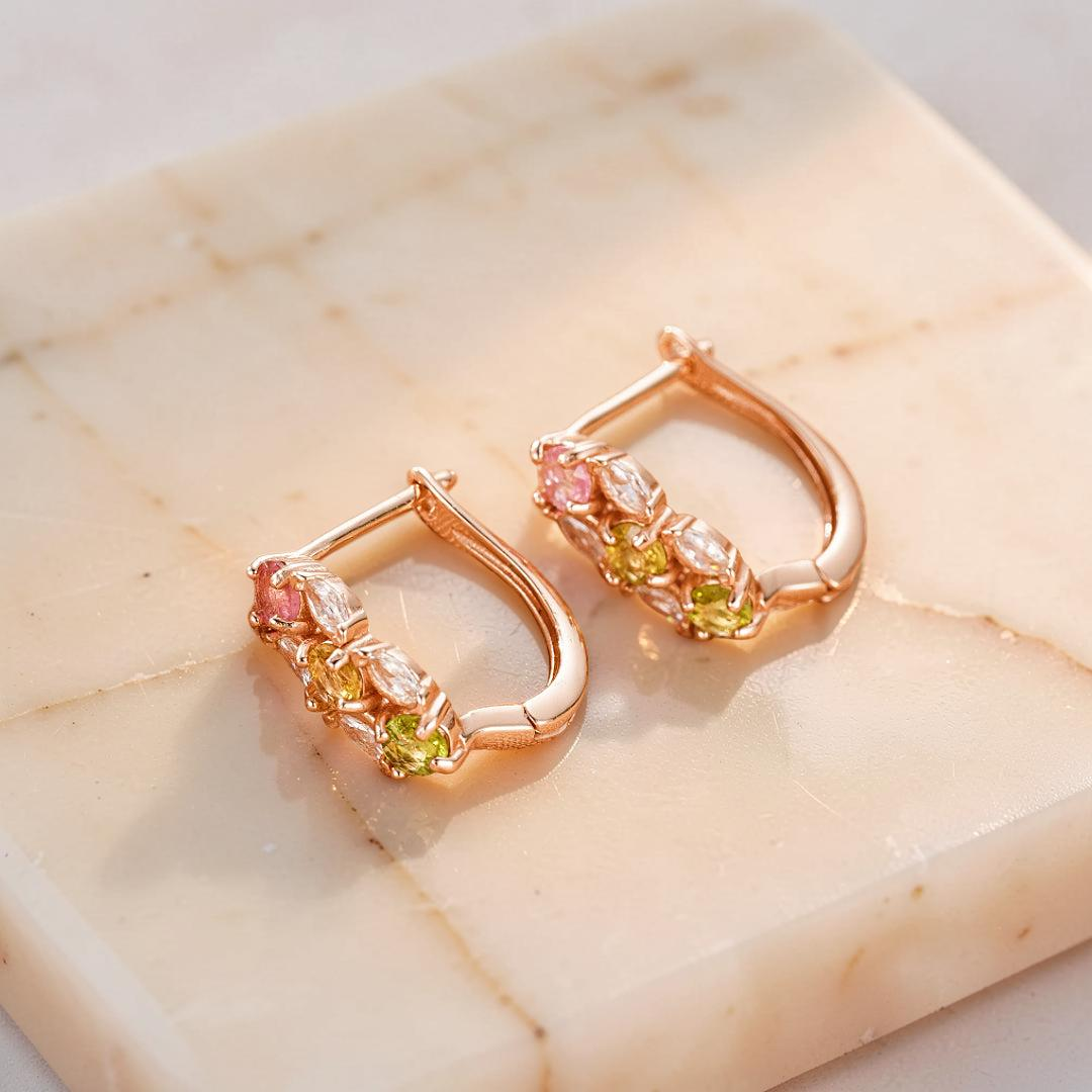 ATELIER-TIBET – Boucles d'Oreilles Tourmaline – Rayonnement Floral, Argent Plaqué Or