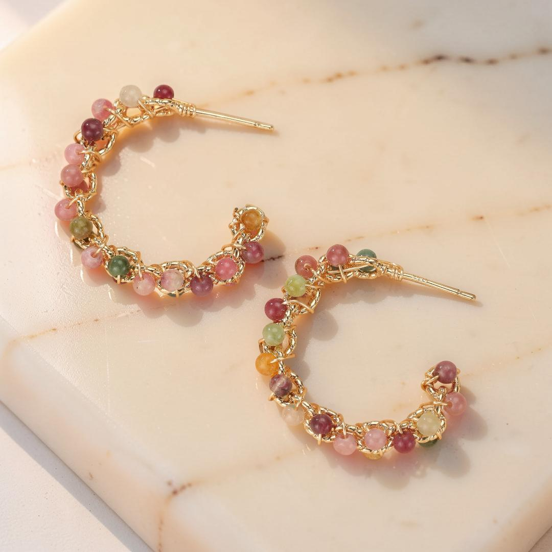 ATELIER-TIBET – Boucles d'Oreilles Tourmaline – Vibrations Solaires, Plaqué Or 14k