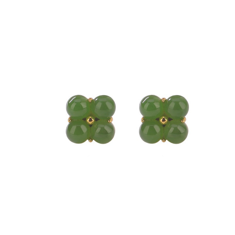 ATELIER-TIBET – Boucles d'Oreilles Trèfle en Jade – Chance, Argent Plaqué Or