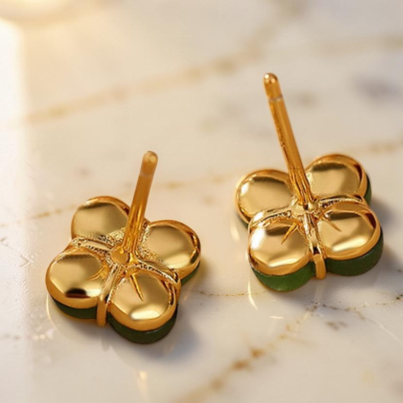 ATELIER-TIBET – Boucles d'Oreilles Trèfle en Jade – Chance, Argent Plaqué Or
