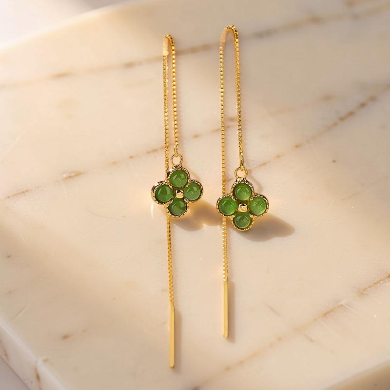 ATELIER-TIBET – Boucles d'Oreilles Trèfle en Jade – Porte-Bonheur, Argent Plaqué Or