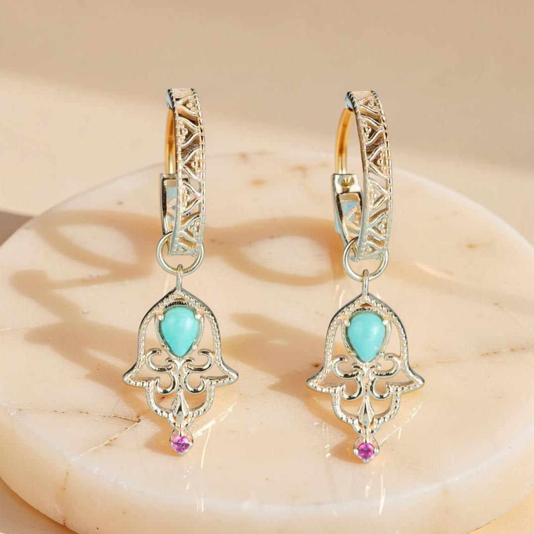ATELIER-TIBET – Boucles d'Oreilles Turquoise – Aura Protectrice, Argent Plaqué Or