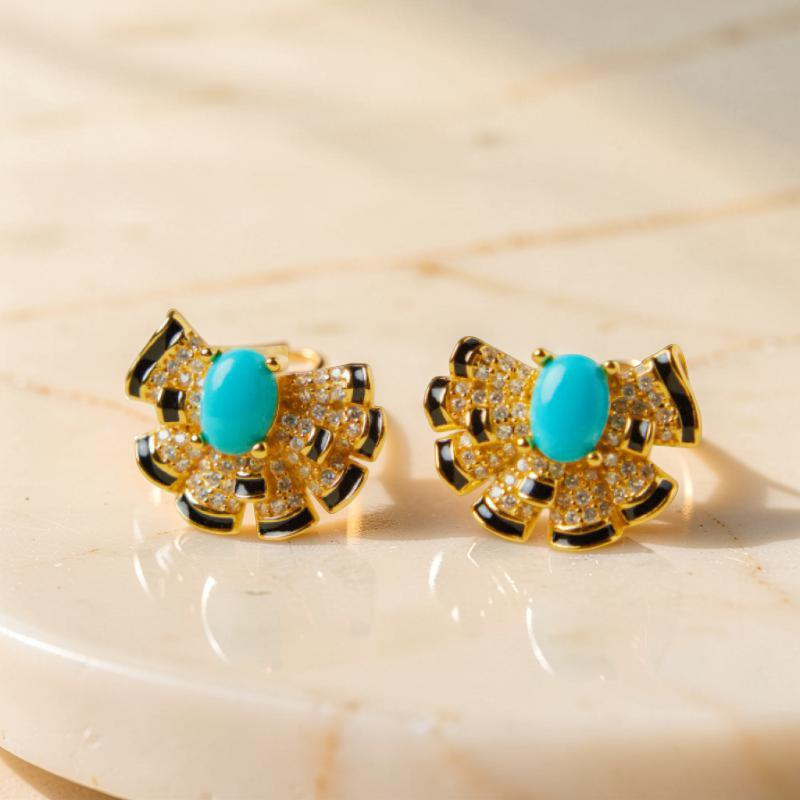 ATELIER-TIBET – Boucles d'Oreilles Turquoise – Coquillage Maritime, Argent Plaqué Or