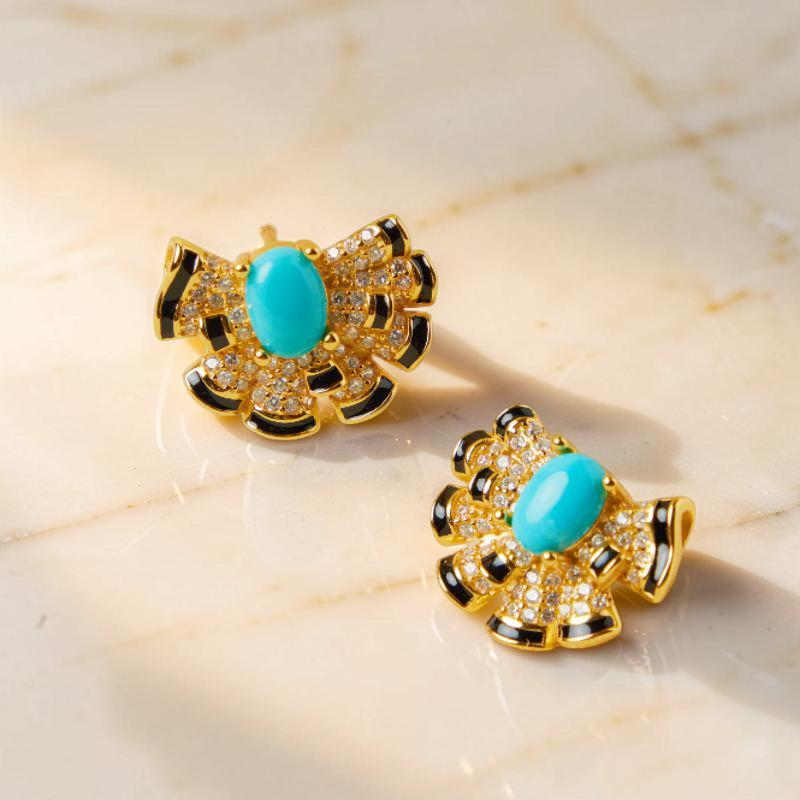ATELIER-TIBET – Boucles d'Oreilles Turquoise – Coquillage Maritime, Argent Plaqué Or