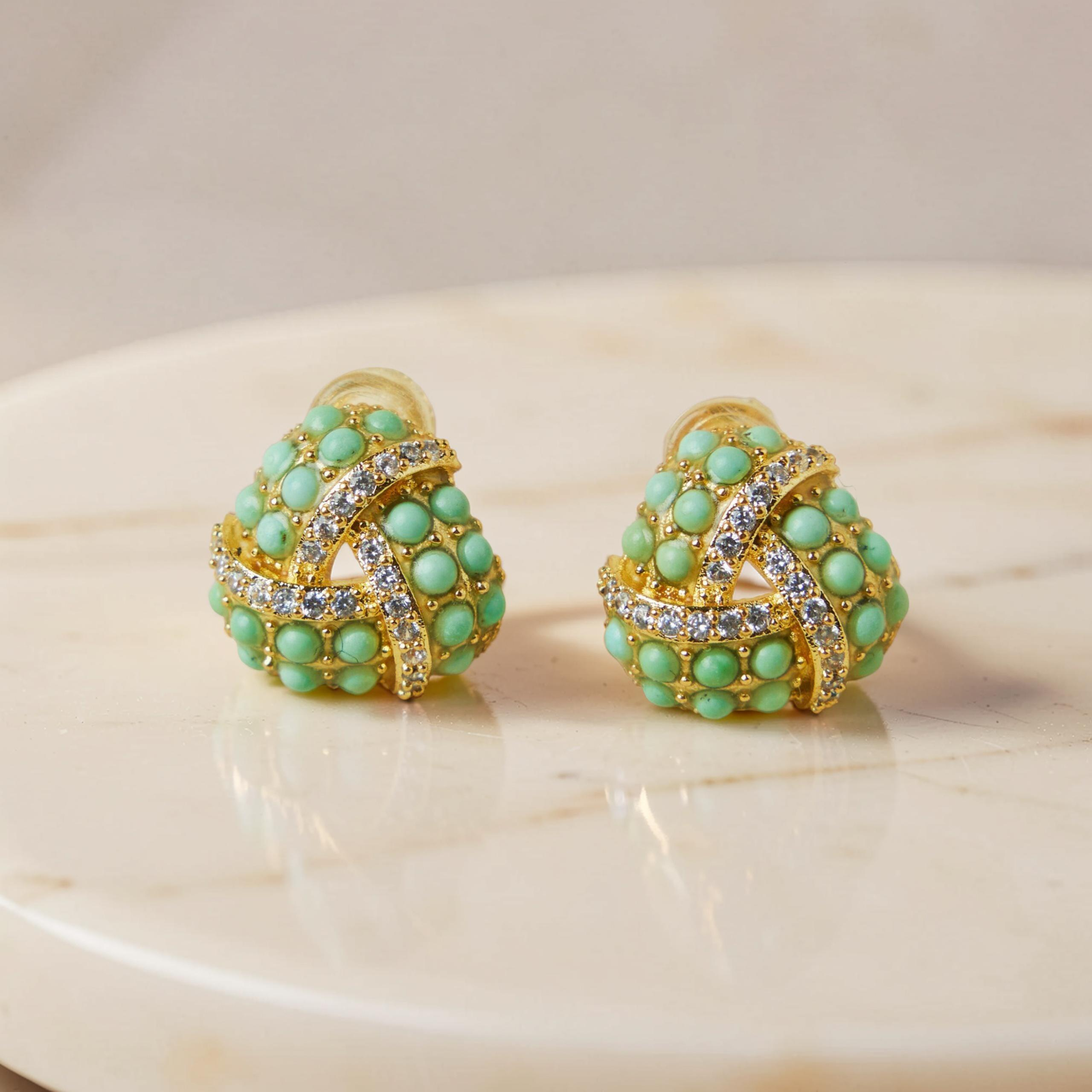 ATELIER-TIBET – Boucles d'Oreilles Turquoise – Triangle Torsade, Argent Plaqué Or