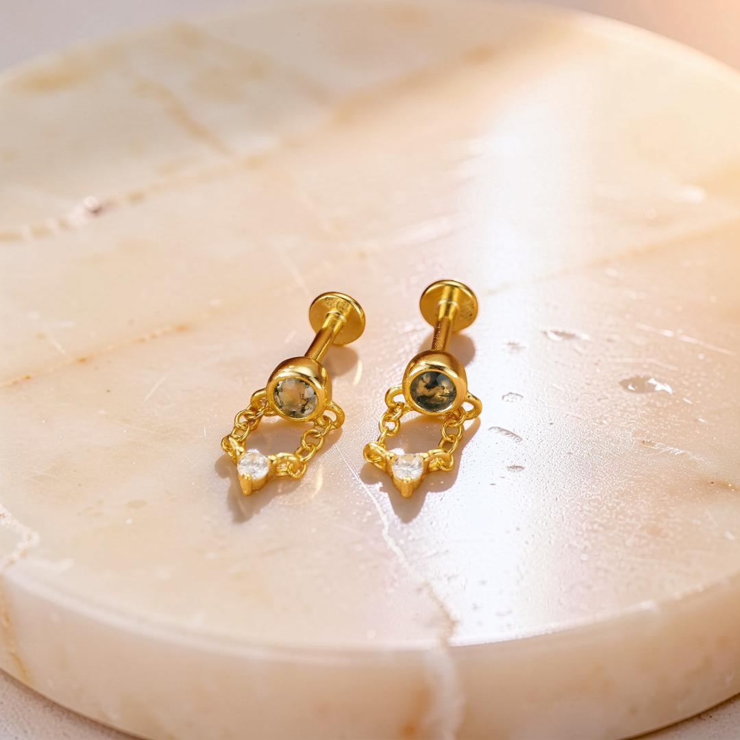 ATELIER-TIBET – Boucles d’Oreille Agate Mousse – Chaîne Élémentaire, Argent Plaqué Or