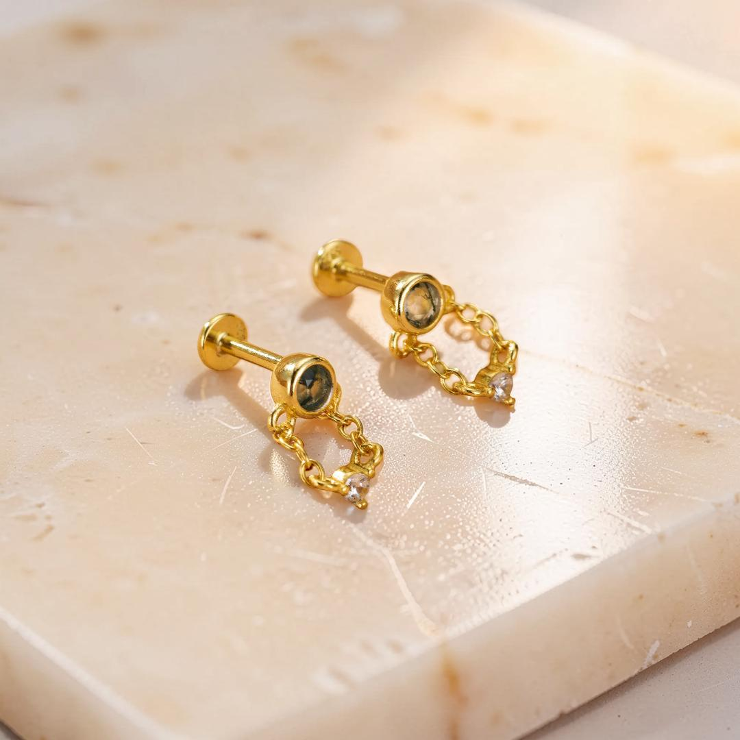 ATELIER-TIBET – Boucles d’Oreille Agate Mousse – Chaîne Élémentaire, Argent Plaqué Or