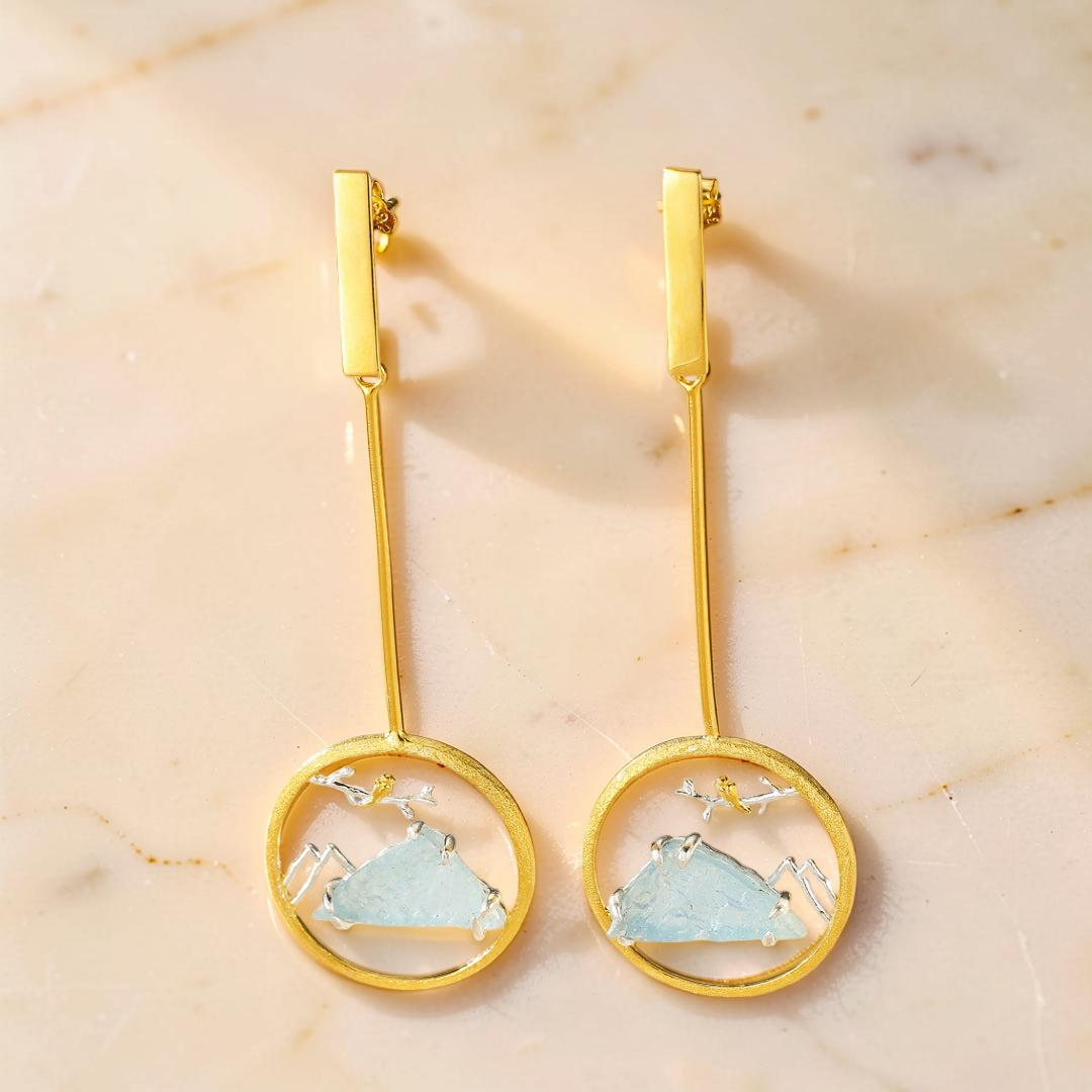 ATELIER-TIBET – Boucles d'Oreilles Aigue Marine – Petit Oiseau, Argent Plaqué Or