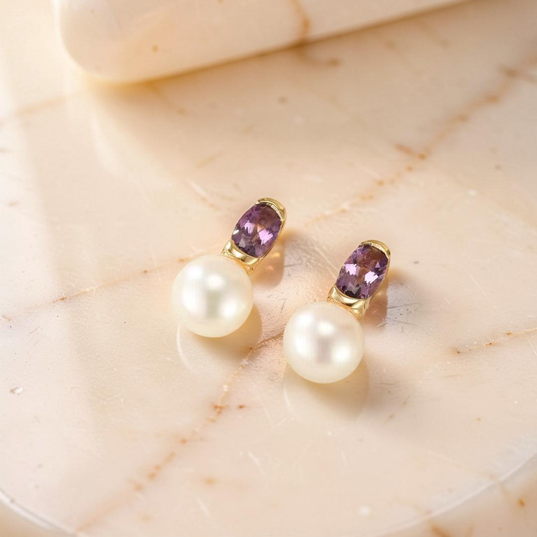 ATELIER-TIBET – Boucles d’Oreilles Améthyste et Perle – Pure Grâce, Argent Plaqué Or