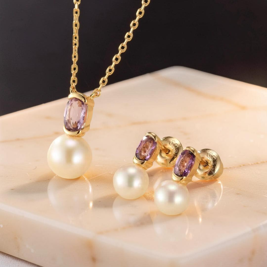 ATELIER-TIBET – Boucles d’Oreilles Améthyste et Perle – Pure Grâce, Argent Plaqué Or