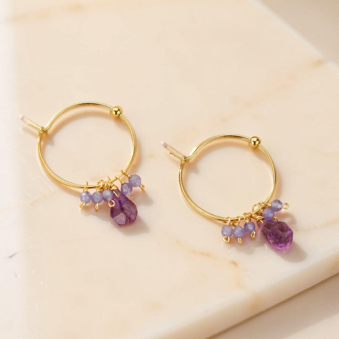 ATELIER-TIBET – Boucles d’oreilles Améthyste et Tanzanite – Aurore Bohème, Argent Plaqué Or