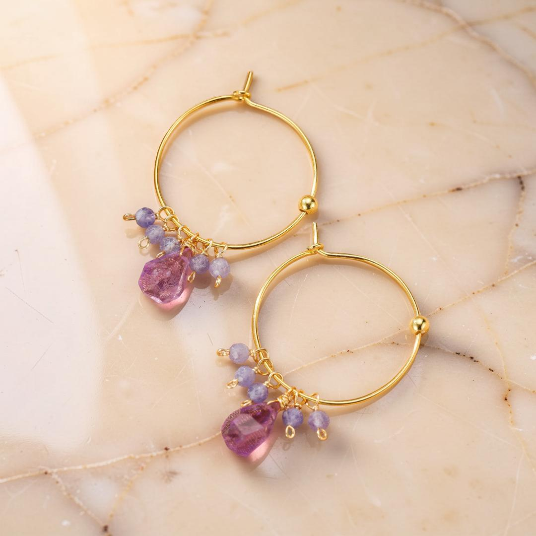 ATELIER-TIBET – Boucles d’oreilles Améthyste et Tanzanite – Aurore Bohème, Argent Plaqué Or