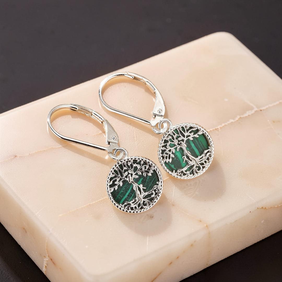 ATELIER-TIBET – Boucles d’oreilles Arbre de Vie Malachite – Racines Sacrées, Argent