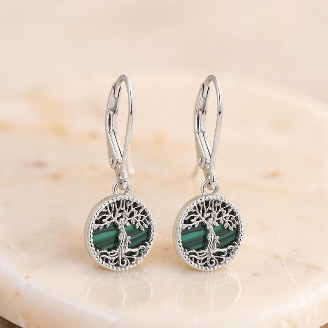 ATELIER-TIBET – Boucles d’oreilles Arbre de Vie Malachite – Racines Sacrées, Argent