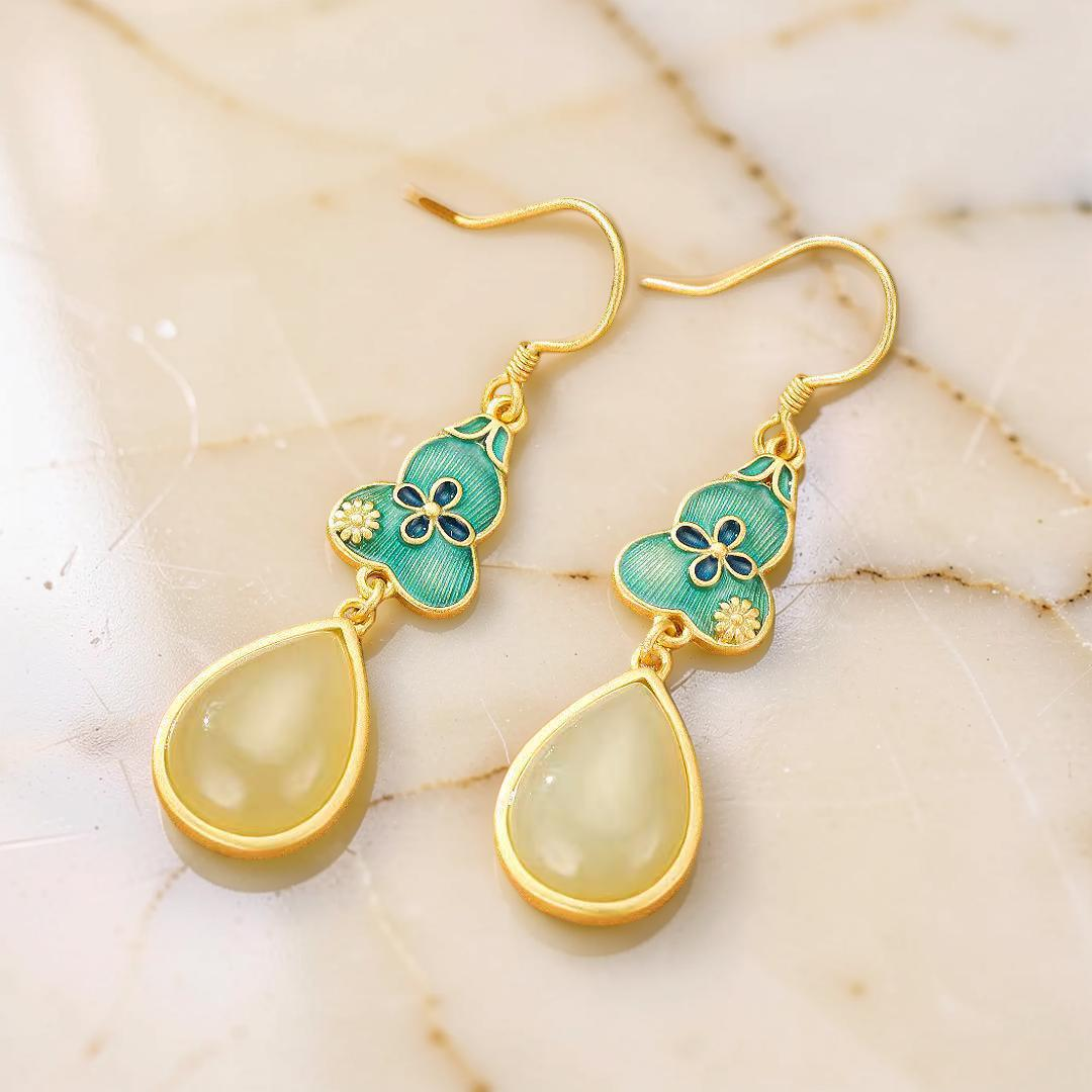 ATELIER-TIBET – Boucles d'Oreilles Jade – Goutte de Chance, Argent Plaqué Or