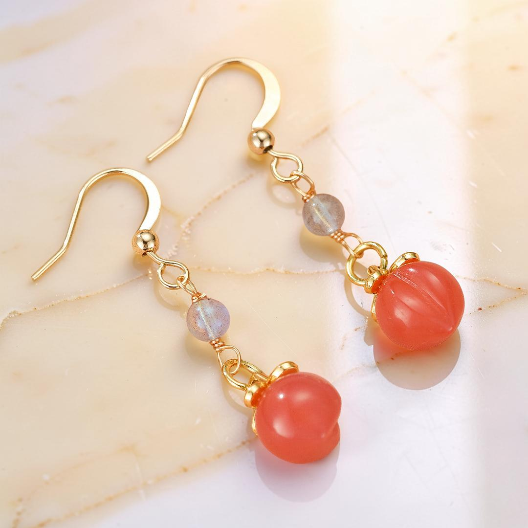 ATELIER-TIBET – Boucles d’Oreilles Labradorite et Agate Rouge – Douceur Pêche