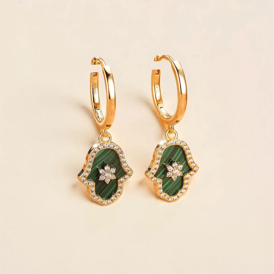 ATELIER-TIBET – Boucles d’oreilles Malachite – Main de Fatma Étoilée, Argent Plaqué Or
