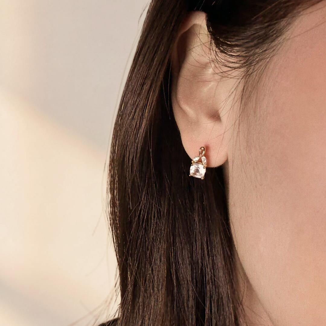 ATELIER-TIBET – Boucles d'Oreilles Quartz Rose – Élégant Feuillu, Argent Plaqué Or