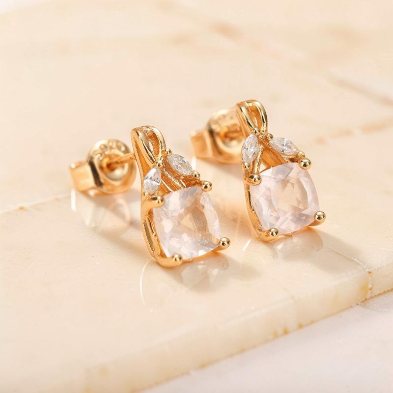 ATELIER-TIBET – Boucles d'Oreilles Quartz Rose – Élégant Feuillu, Argent Plaqué Or