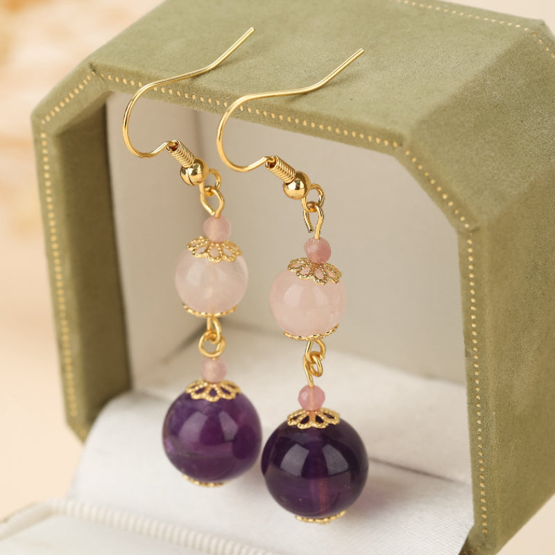 ATELIER-TIBET – Boucles d'Oreilles Quartz Rose et Améthyste – Plongée Ether