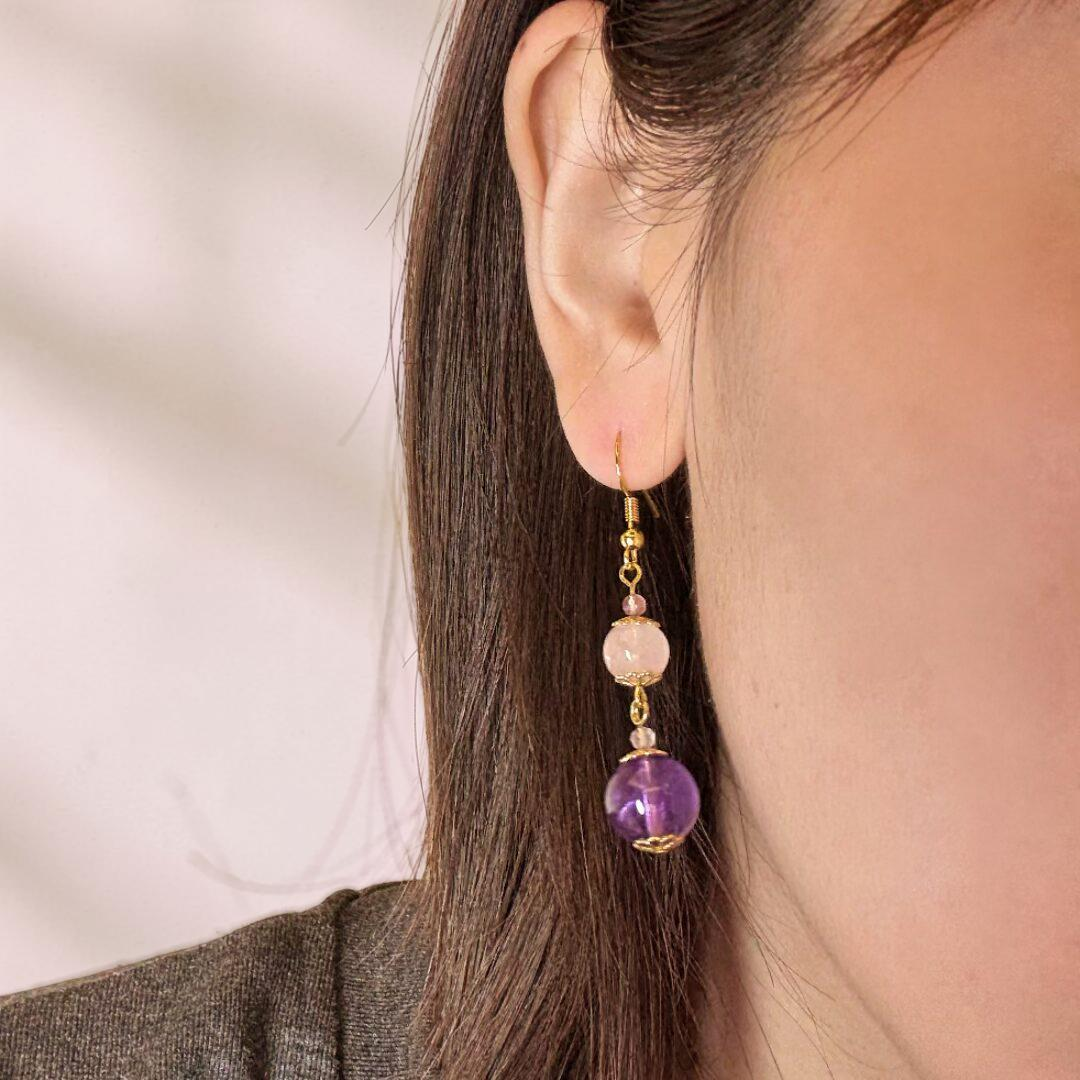 ATELIER-TIBET – Boucles d'Oreilles Quartz Rose et Améthyste – Plongée Ether