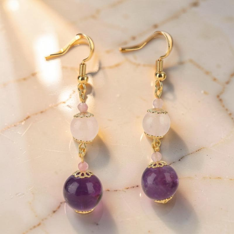 ATELIER-TIBET – Boucles d'Oreilles Quartz Rose et Améthyste – Plongée Ether