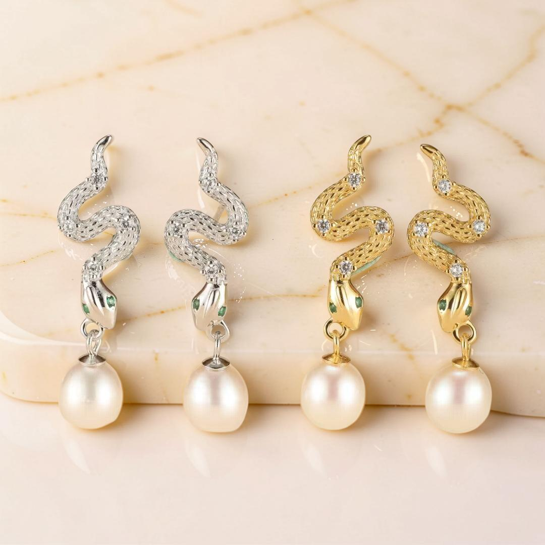 ATELIER-TIBET – Boucles d’Oreilles Serpent – Mystique Perlée, Argent 925